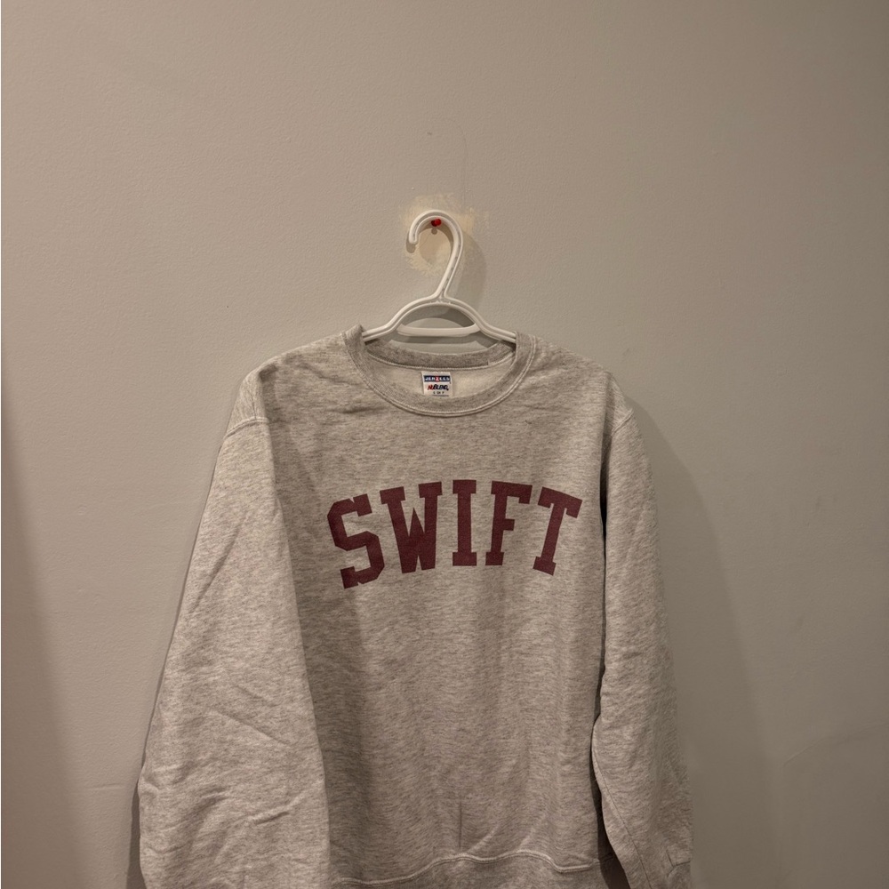 Jerzees Gray Crewneck “Swift” Sweater with Maroon Print